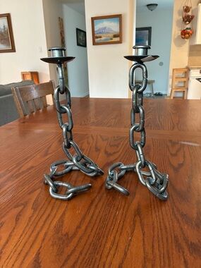 Pair of Brutalist Black Chain Candlesticks Holders Hand Welded in Italy